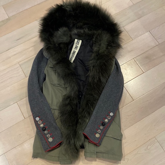 Project Force wool genuine fox fur trim sequin back trim olive grey coat parka